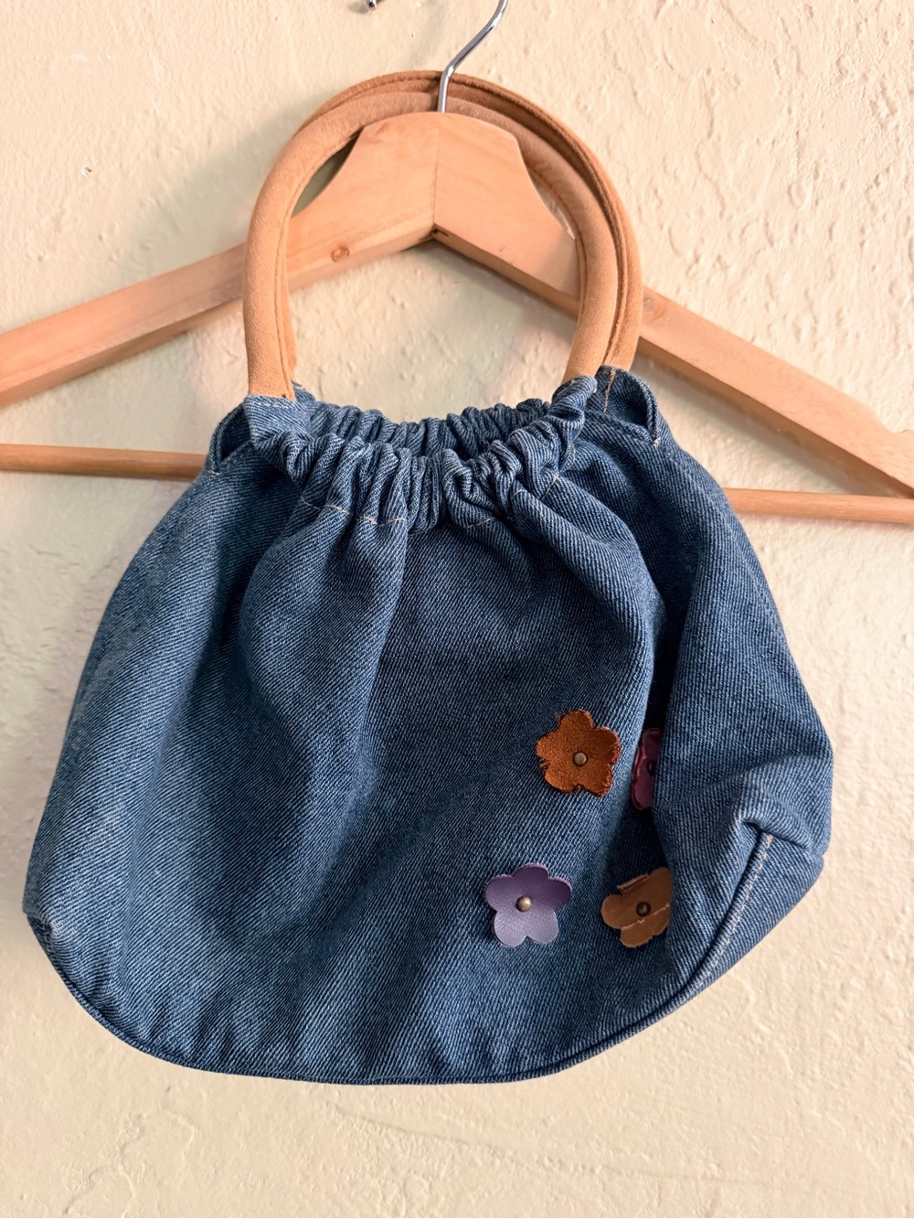 Denim Mini Bag with Floral Appliqués and Tan Handles